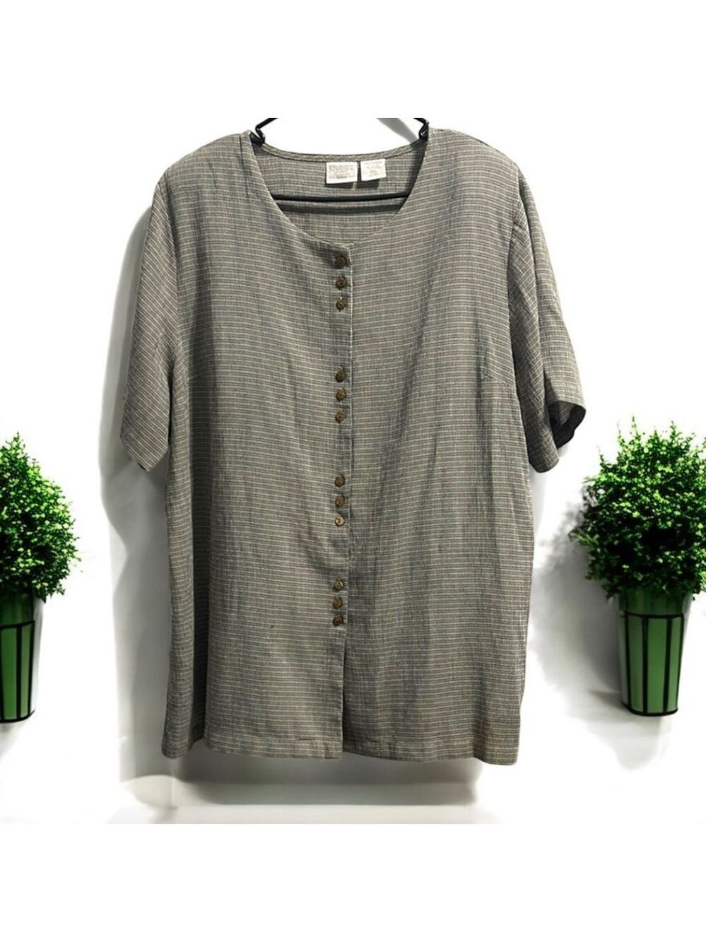 Studio C Monochrome Checkered and Striped Button Down Blouse size 3X